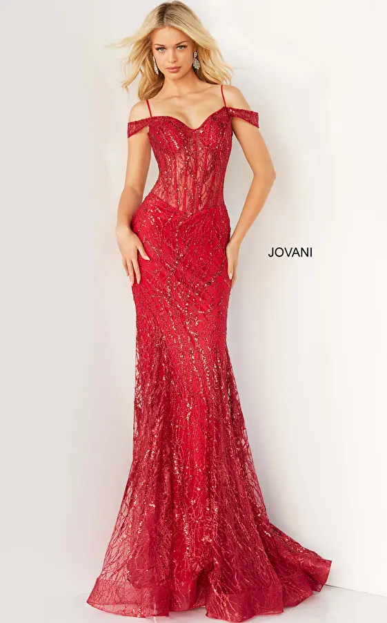 Jovani 05838 Red Embellished Off the Shoulder Prom Dress